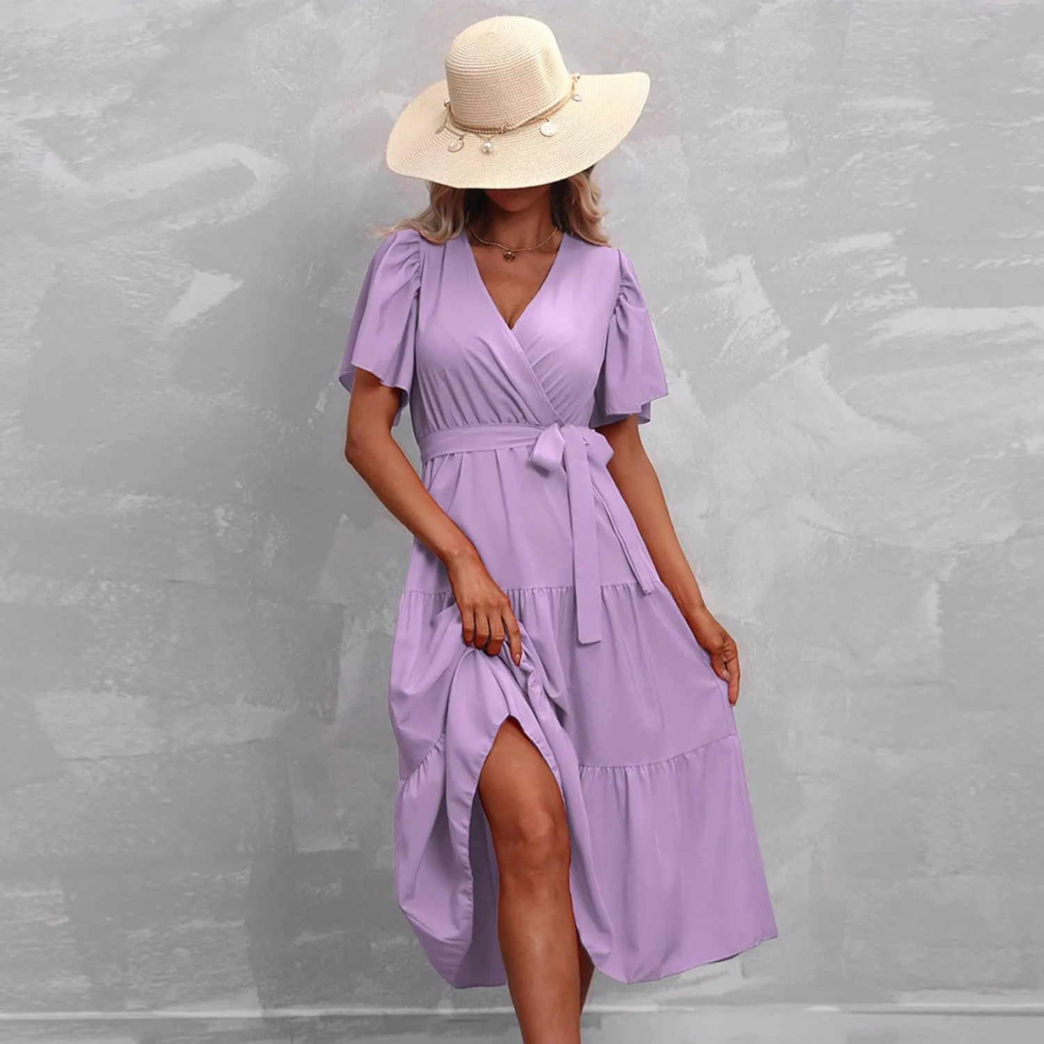 Women's Summer Plus Size Dresses 2024 Tie Waist Casual V Neck Ruffle Short Sleeve Tiered Loose Midi Dress Sundress