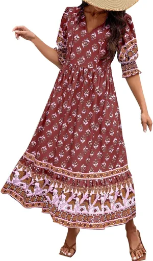 Women's Summer Ruffle Maxi Dress Smocked Lantern Sleeve Floral Swing Dresses V Neck High Waist Flowy Boho Long Dress