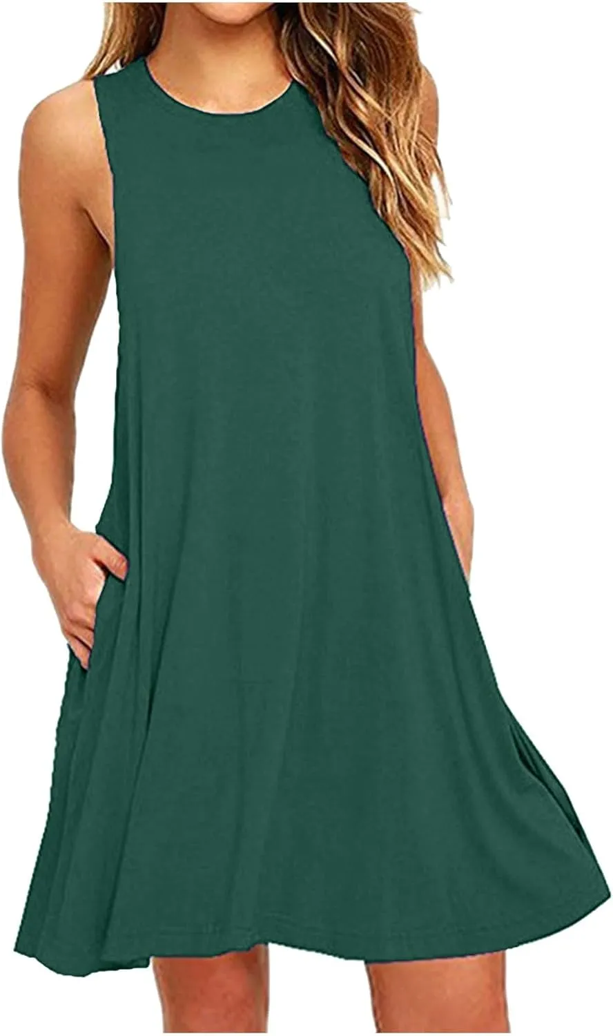 Womens Sun Dresses 2024 Summer Beach Sleeveless Solid Tank Dress Casual Loose Ruffle Flowy Midi Dresses with Pockets