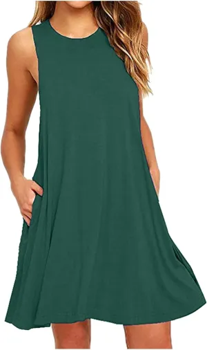Womens Sun Dresses 2024 Summer Beach Sleeveless Solid Tank Dress Casual Loose Ruffle Flowy Midi Dresses with Pockets