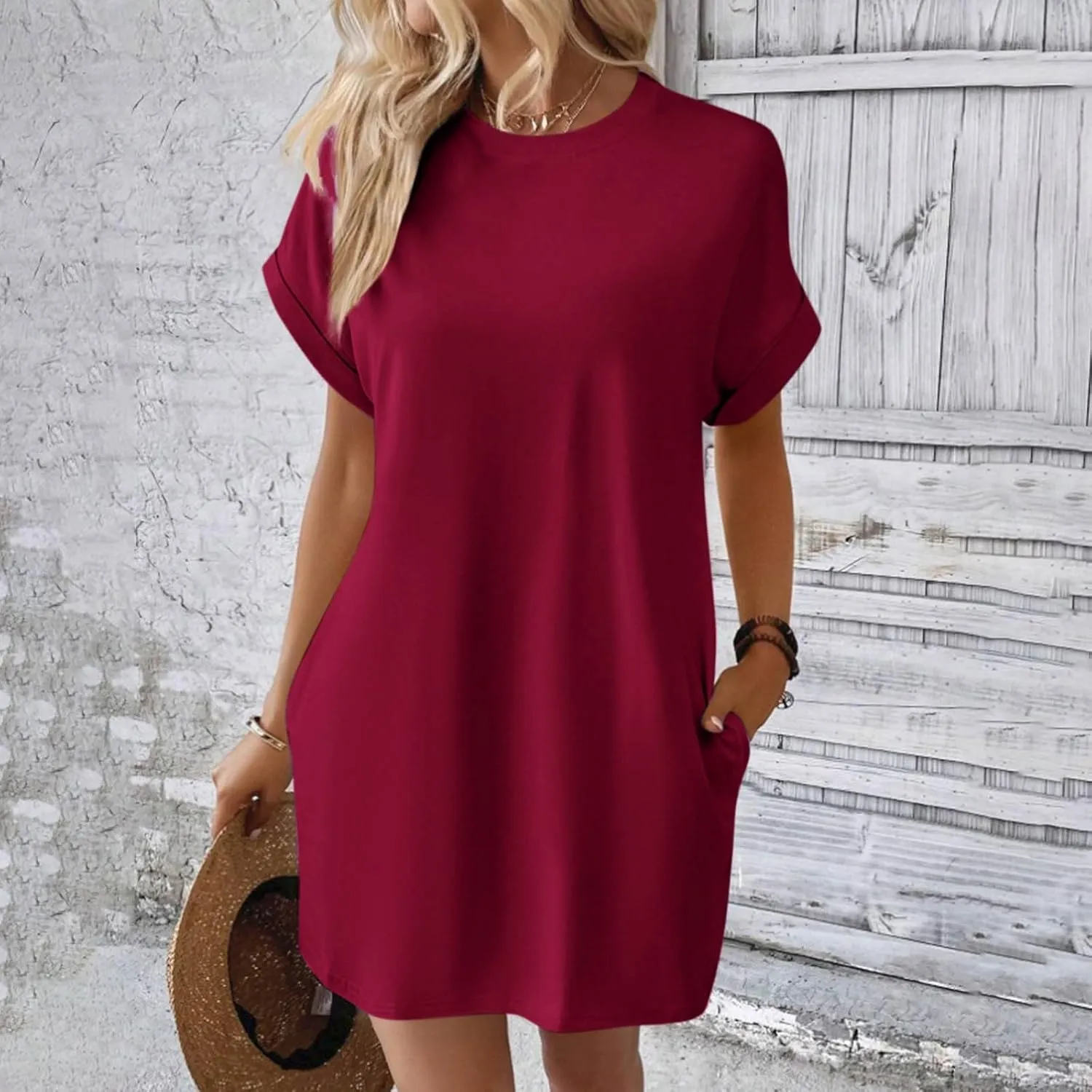 Women's Sun Dresses 2025 Vacation Summer Casual Loose Trendy Short Sleeve Round Neck Solid Color Dress, S-2XL
