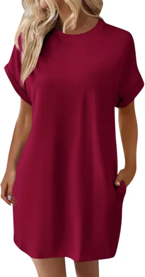 Women's Sun Dresses 2025 Vacation Summer Casual Loose Trendy Short Sleeve Round Neck Solid Color Dress, S-2XL