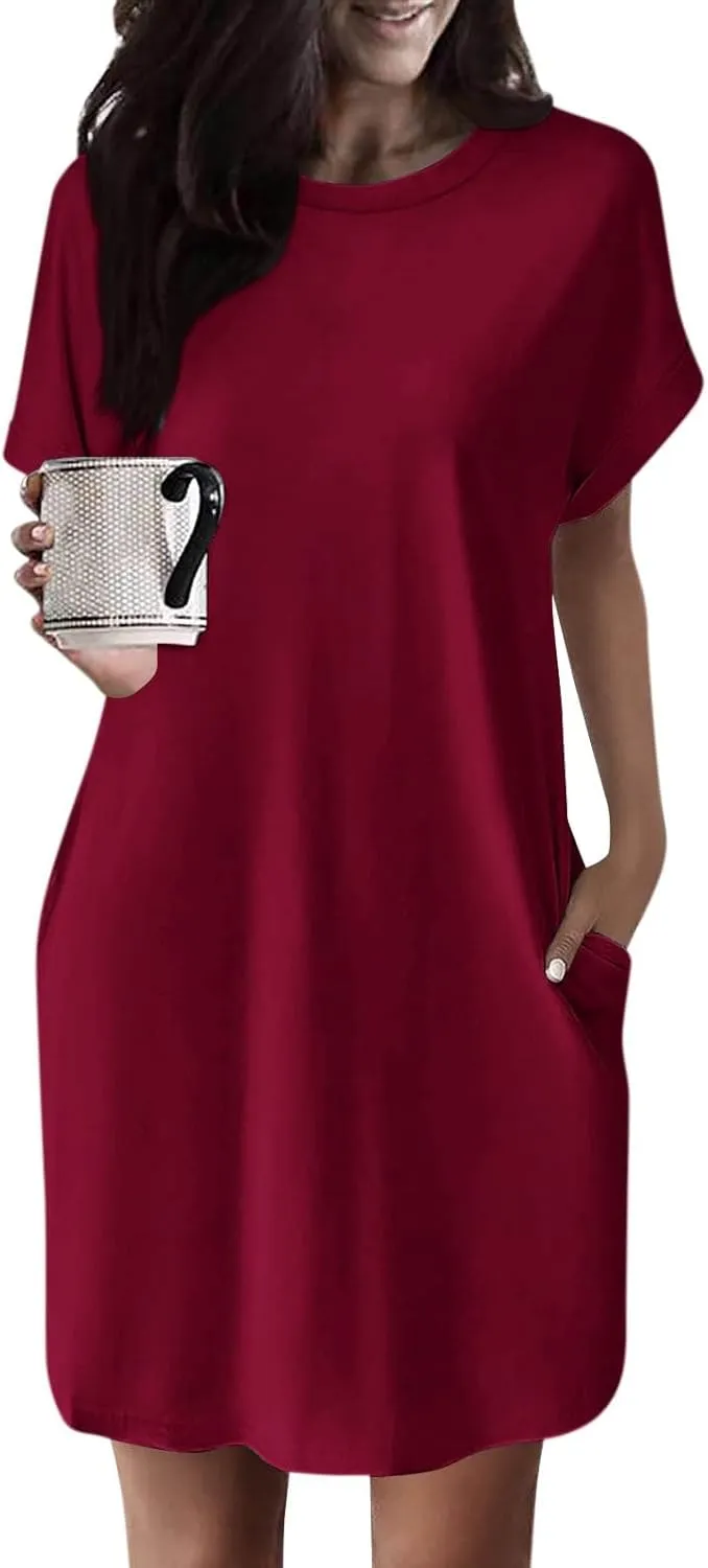 Women's Sun Dresses 2025 Vacation Summer Casual Loose Trendy Short Sleeve Round Neck Solid Color Dress, S-2XL