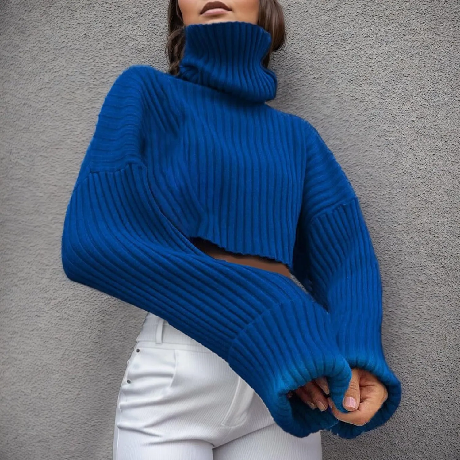 Womens Sweaters Chunky Knit Solid Color Crewneck Long Sleeve Loose Fit Casual Soft Pullover Tops