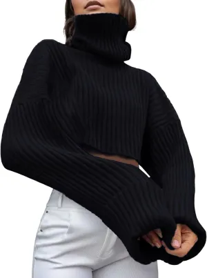 Womens Sweaters Chunky Knit Solid Color Crewneck Long Sleeve Loose Fit Casual Soft Pullover Tops