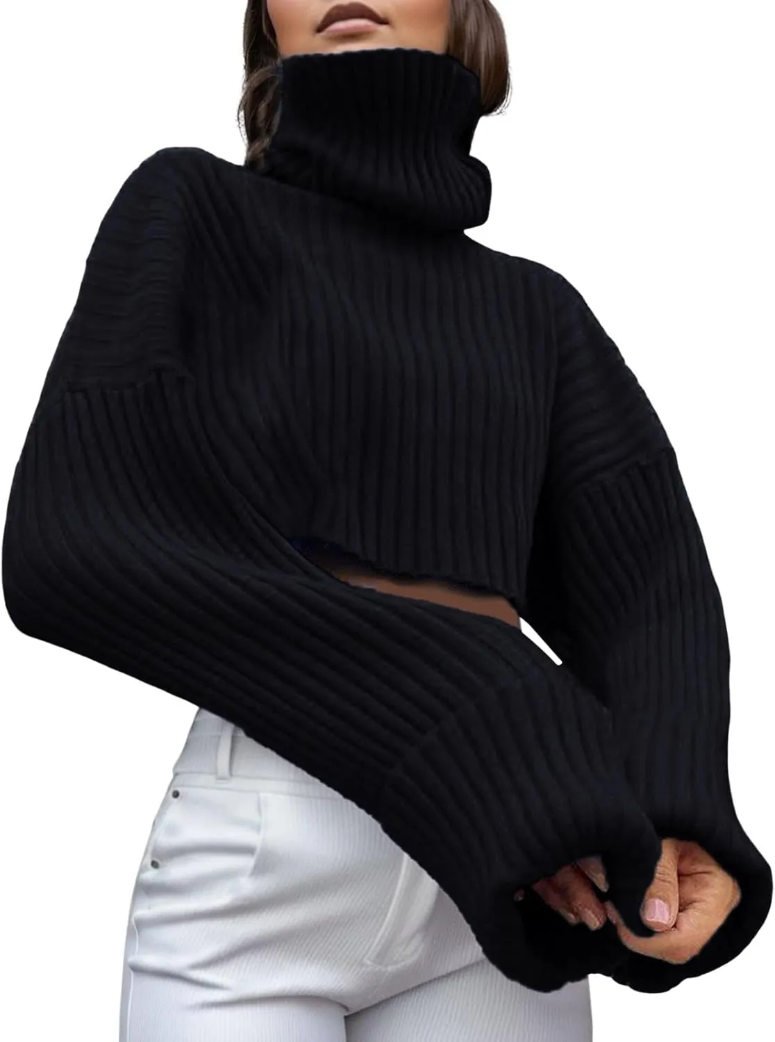 Womens Sweaters Chunky Knit Solid Color Crewneck Long Sleeve Loose Fit Casual Soft Pullover Tops