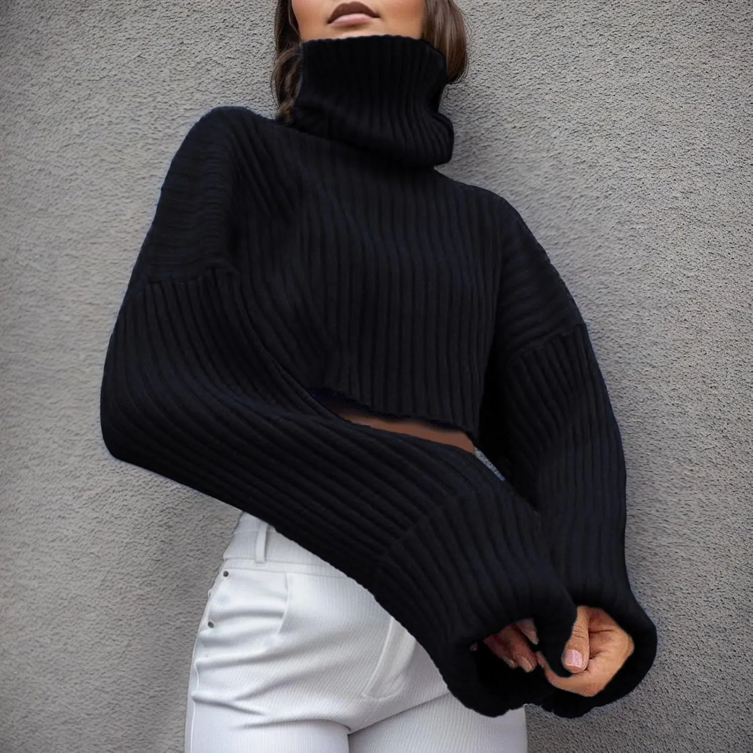 Womens Sweaters Chunky Knit Solid Color Crewneck Long Sleeve Loose Fit Casual Soft Pullover Tops