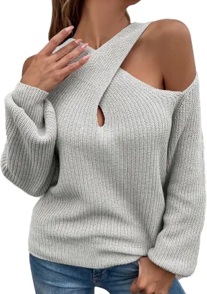 Women's Sweaters Chunky Knit Solid Color Strap Neck Long Sleeve Casual Loose Fit Soft Pullover Tops