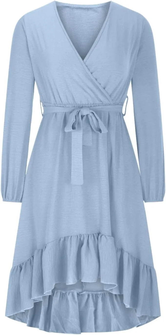 Women's Trendy V Neck Long Sleeve Tie Waist Ruffle Wrap Mini Dress Solid Color Cocktail Party Short Dress Plus Size