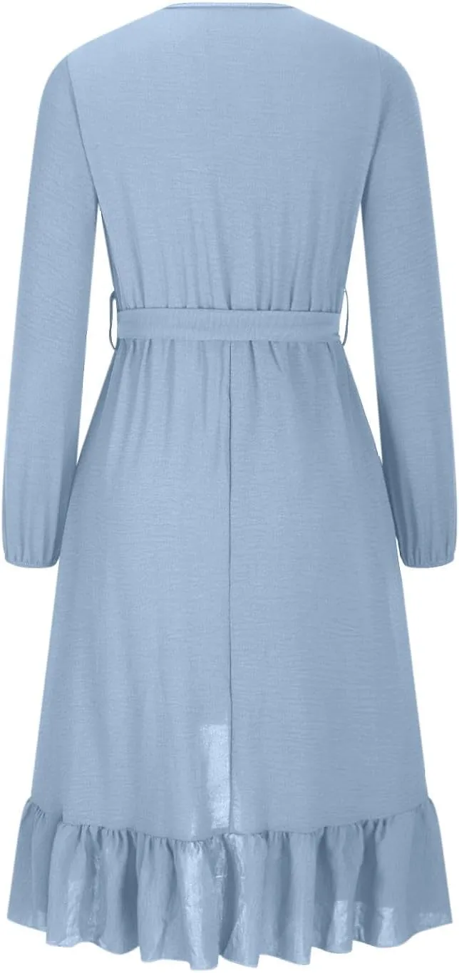 Women's Trendy V Neck Long Sleeve Tie Waist Ruffle Wrap Mini Dress Solid Color Cocktail Party Short Dress Plus Size