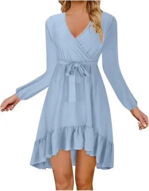 Women's Trendy V Neck Long Sleeve Tie Waist Ruffle Wrap Mini Dress Solid Color Cocktail Party Short Dress Plus Size