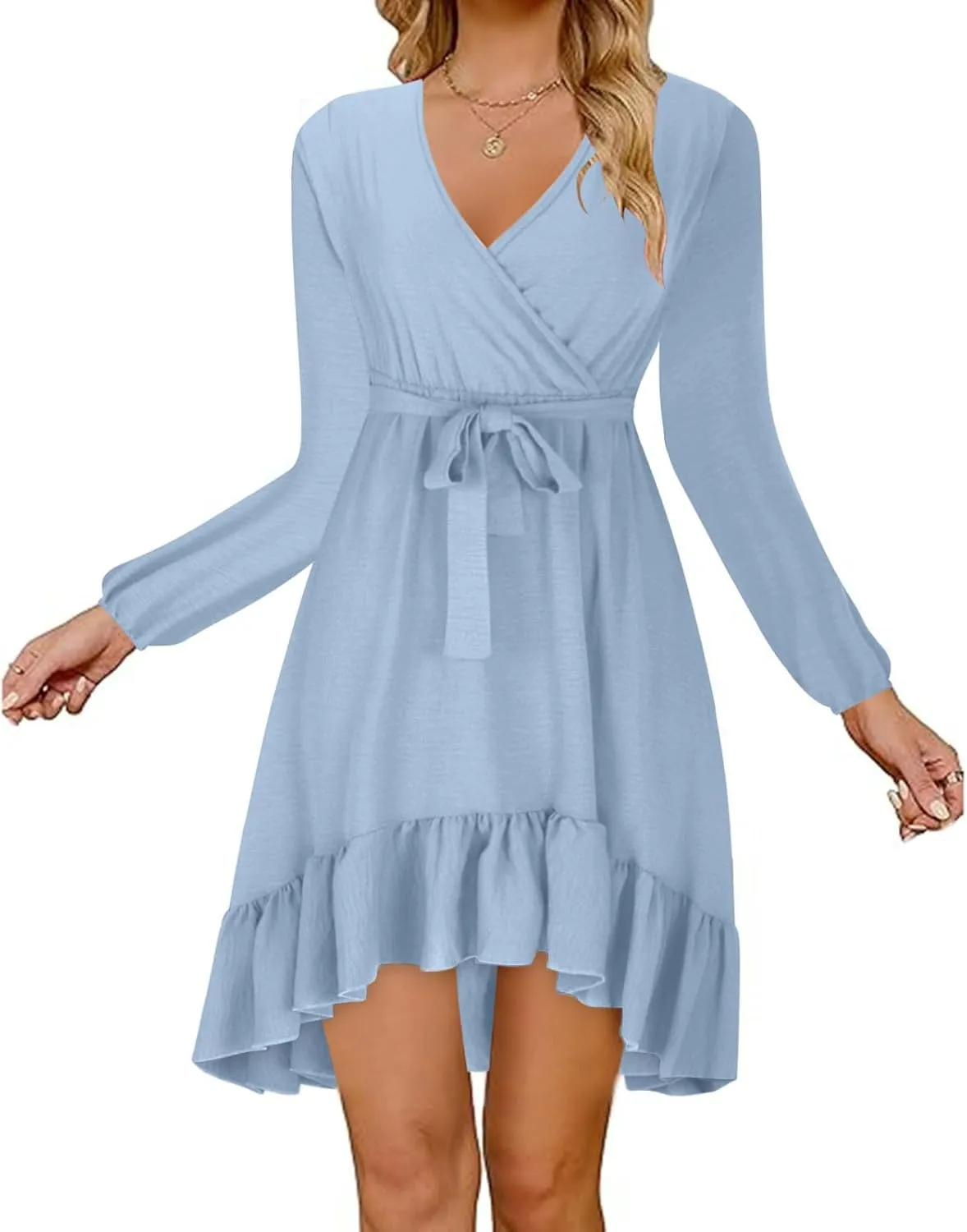Women's Trendy V Neck Long Sleeve Tie Waist Ruffle Wrap Mini Dress Solid Color Cocktail Party Short Dress Plus Size