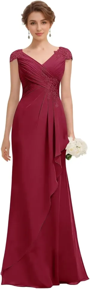 Women's V-Neck Lace Applique Mother of The Bride Dresses A-Line Wedding Guest Dresses Formal Gown Evening Dresses