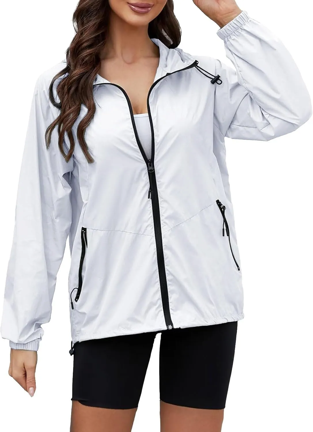 Womens Waterproof Outdoor Rain Jackets Lightweight Packable Hooded Raincoat Adjustable Soft Shell Windbreaker Jacket