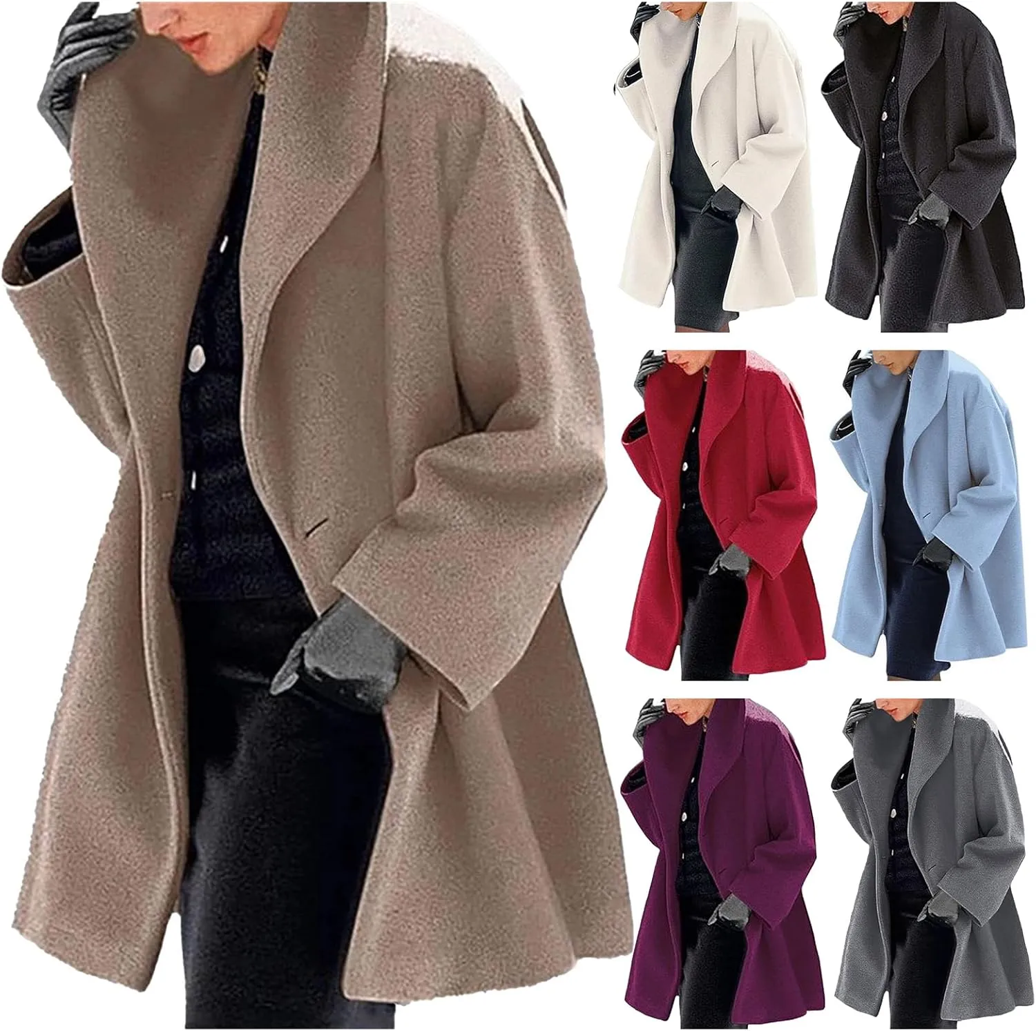 Womens Wool Blend Coat Comfy Warm Outerwear Oversized Trench Coats Casual Lapel Collar Overcoat Solid Winter Outwear