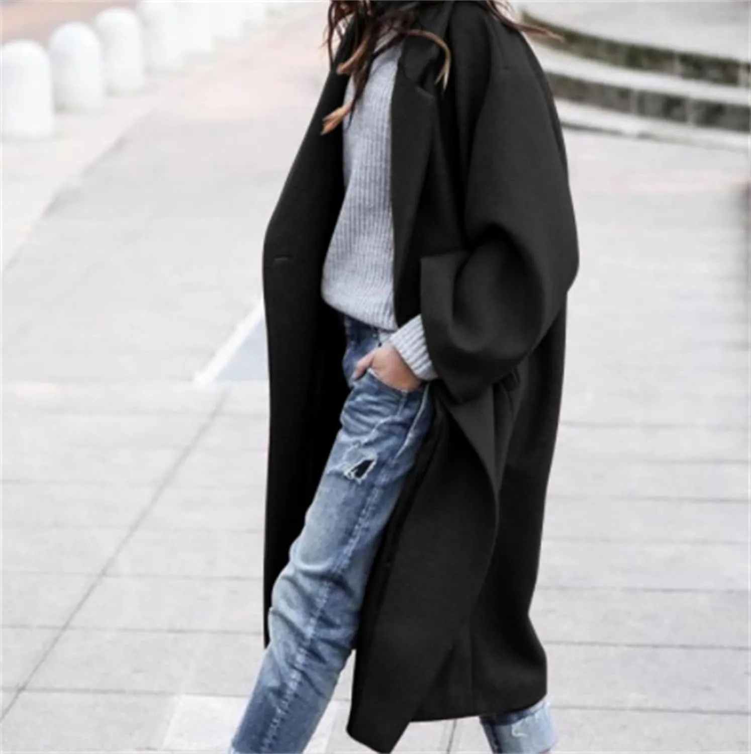 Womens Wool Blend Coat Oversized Notched Collar Single Breasted Coats Casual Winter Long Trench Coat Outerwear