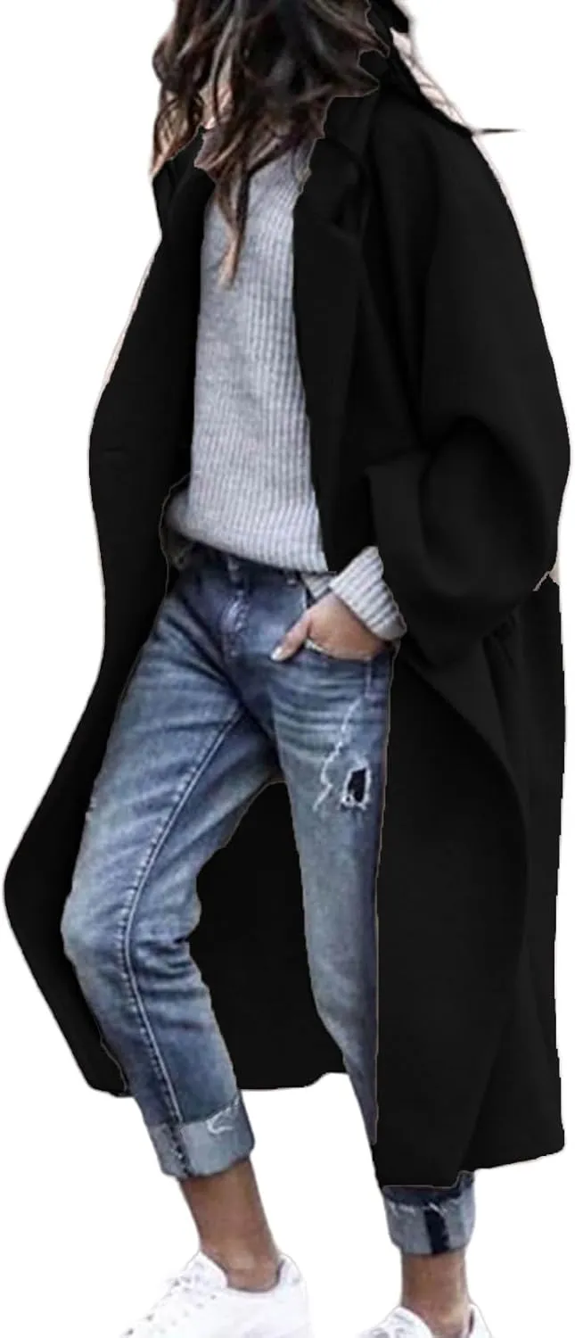 Womens Wool Blend Coat Oversized Notched Collar Single Breasted Coats Casual Winter Long Trench Coat Outerwear