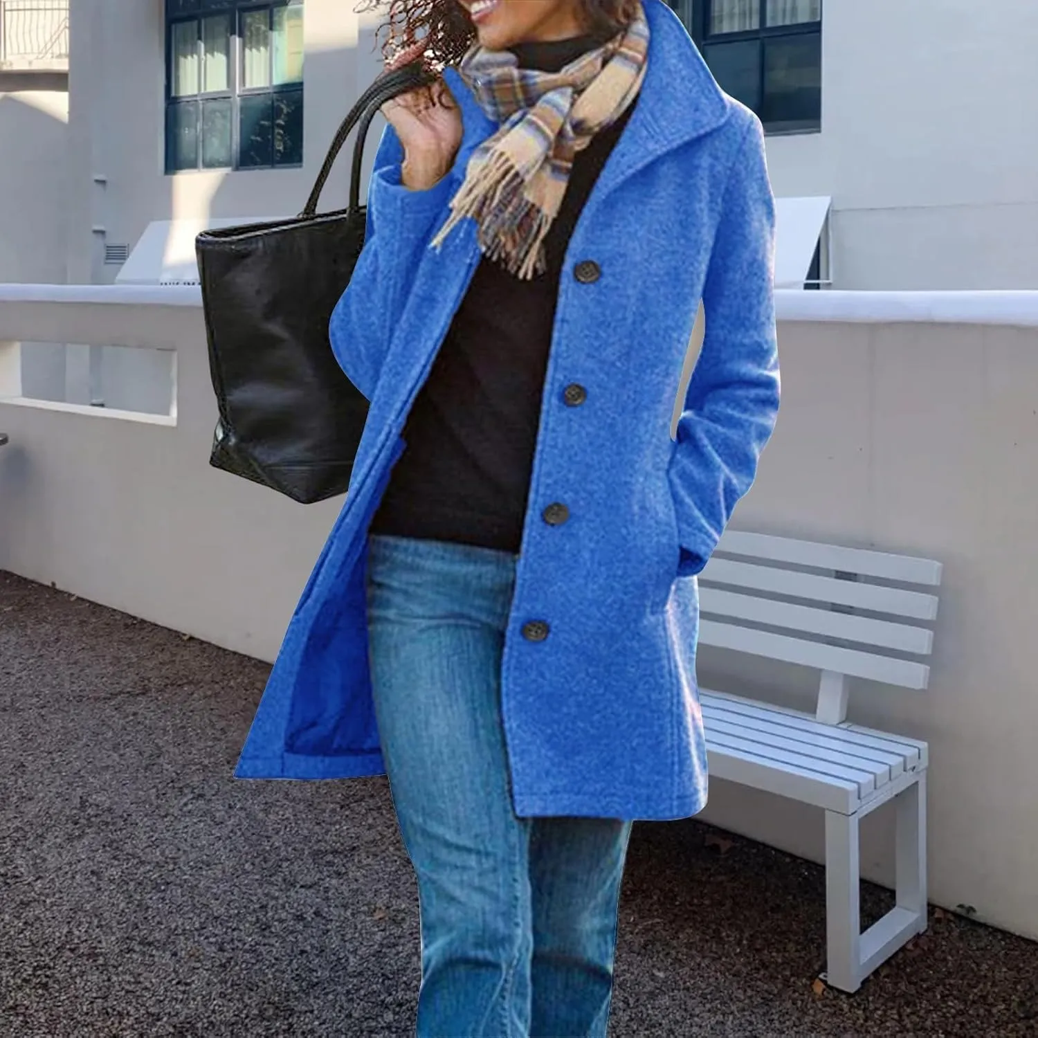 Women's Wool Blend Pea Coat Stand Collar Single Breasted Trench Casual Long Sleeve Coat Thicken Winter Overcoat