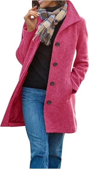 Women's Wool Blend Pea Coat Stand Collar Single Breasted Trench Casual Long Sleeve Coat Thicken Winter Overcoat