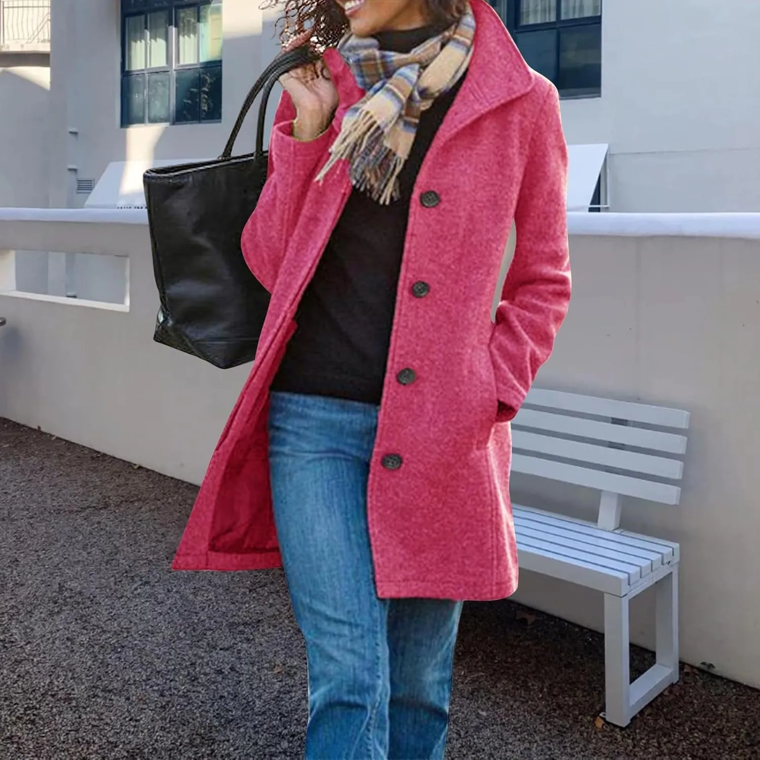 Women's Wool Blend Pea Coat Stand Collar Single Breasted Trench Casual Long Sleeve Coat Thicken Winter Overcoat