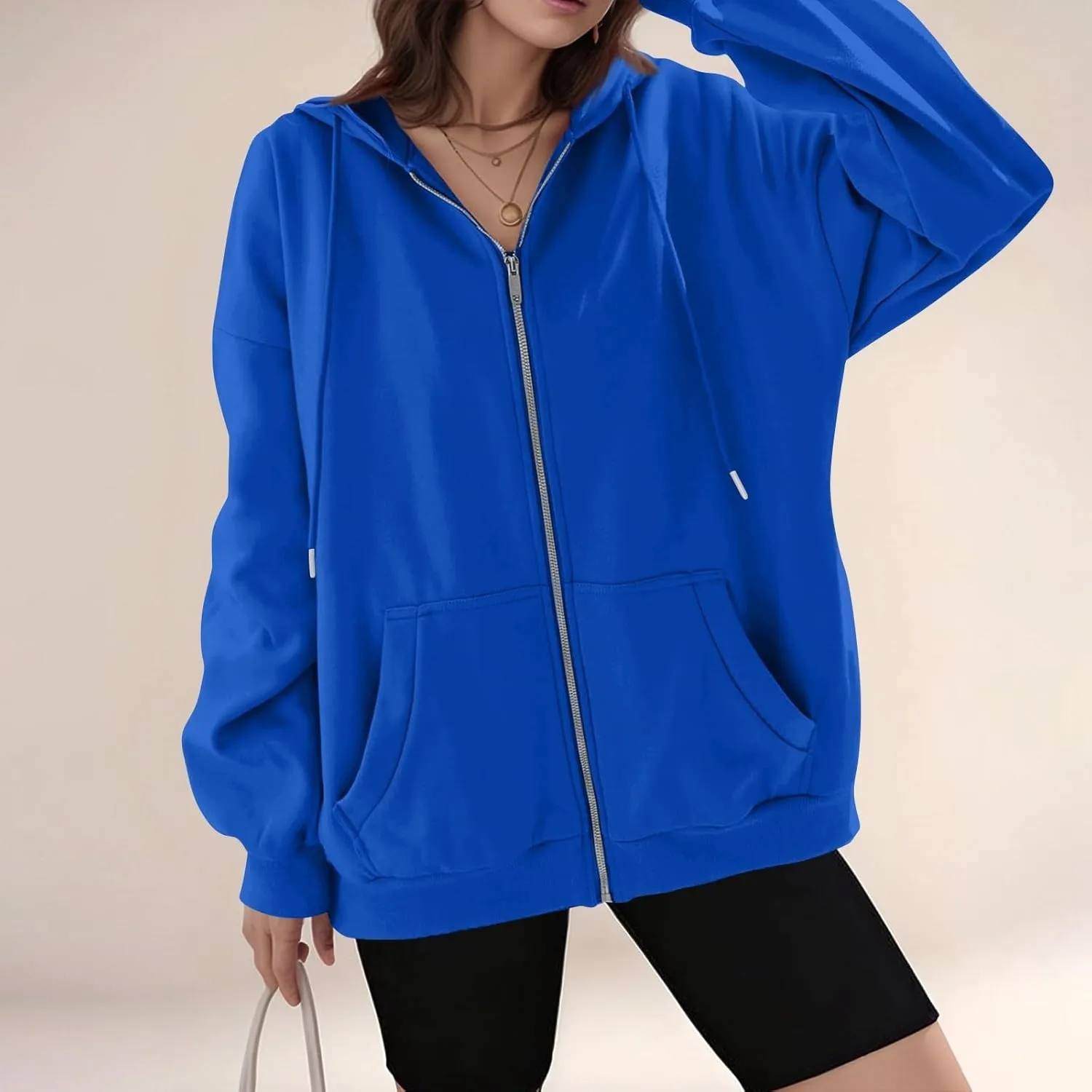 Womens Zip Up Jacket Oversized Full Zip Up Pullover with Hooded Casual Ribbed Cuffs Sweatshirts with Pockets