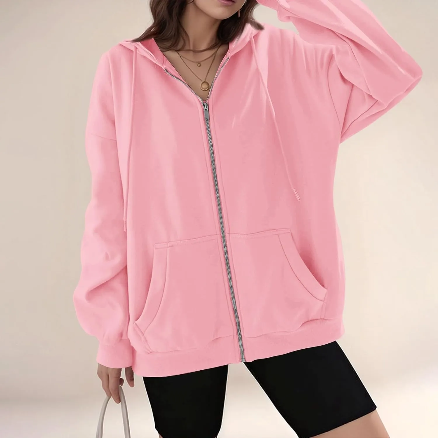 Womens Zip Up Jacket Oversized Full Zip Up Pullover with Hooded Casual Ribbed Cuffs Sweatshirts with Pockets