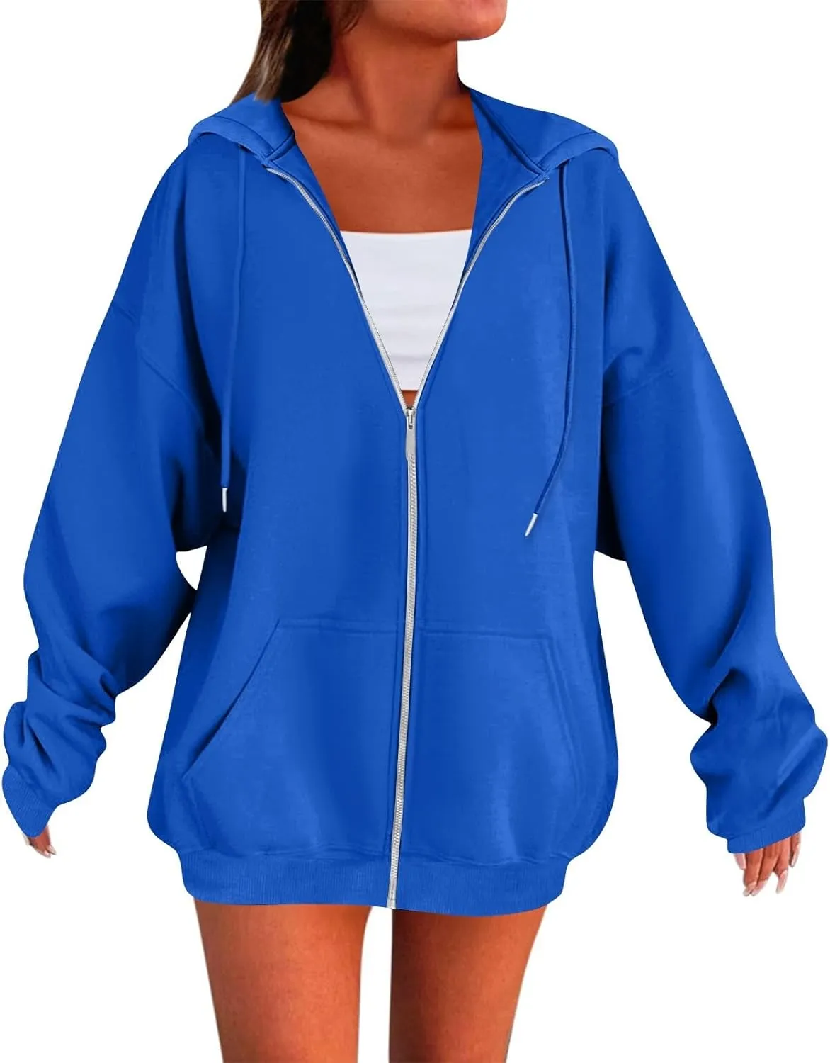 Womens Zip Up Jacket Oversized Full Zip Up Pullover with Hooded Casual Ribbed Cuffs Sweatshirts with Pockets