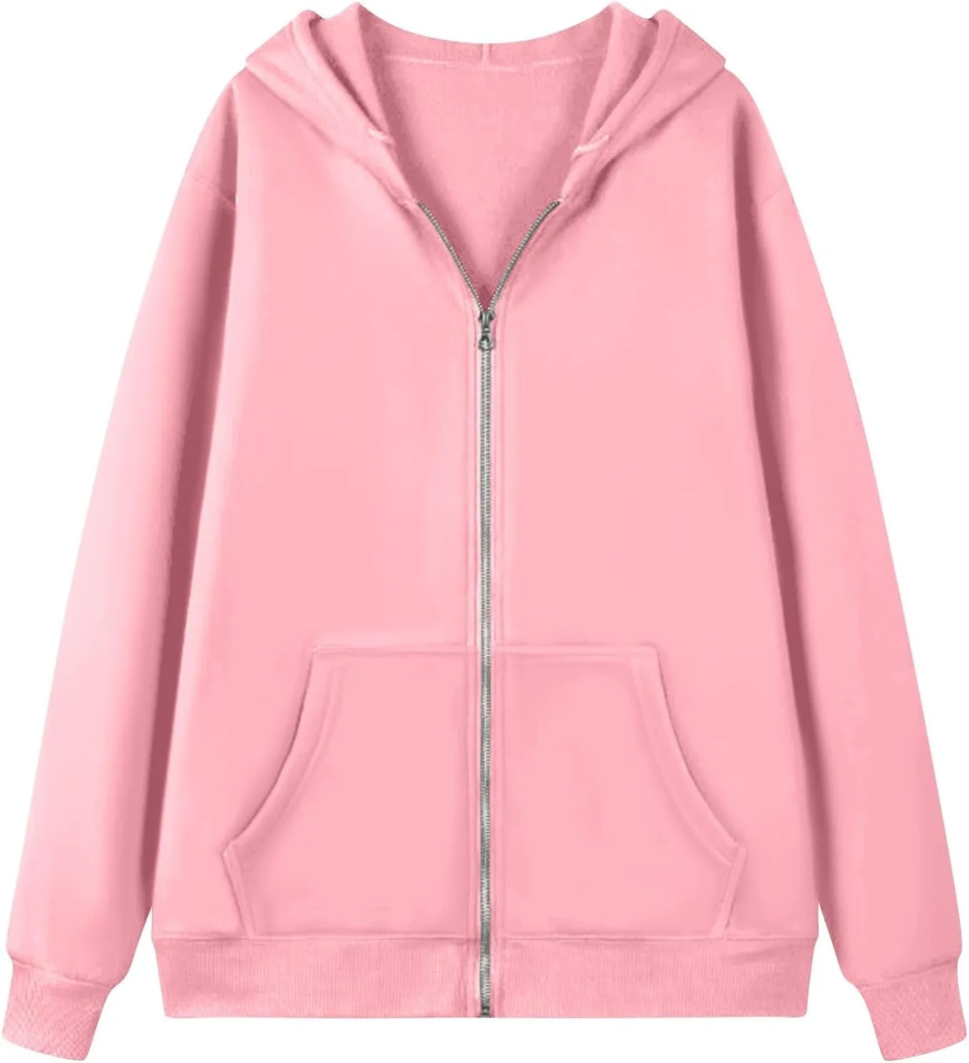 Womens Zip Up Jacket Oversized Full Zip Up Pullover with Hooded Casual Ribbed Cuffs Sweatshirts with Pockets
