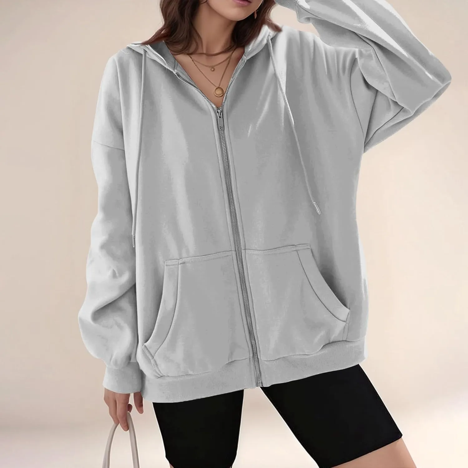 Womens Zip Up Jacket Oversized Full Zip Up Pullover with Hooded Casual Ribbed Cuffs Sweatshirts with Pockets