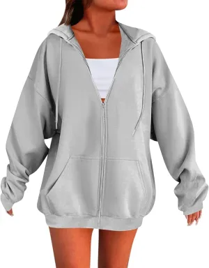 Womens Zip Up Jacket Oversized Full Zip Up Pullover with Hooded Casual Ribbed Cuffs Sweatshirts with Pockets
