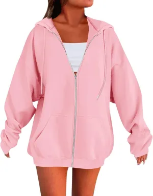 Womens Zip Up Jacket Oversized Full Zip Up Pullover with Hooded Casual Ribbed Cuffs Sweatshirts with Pockets