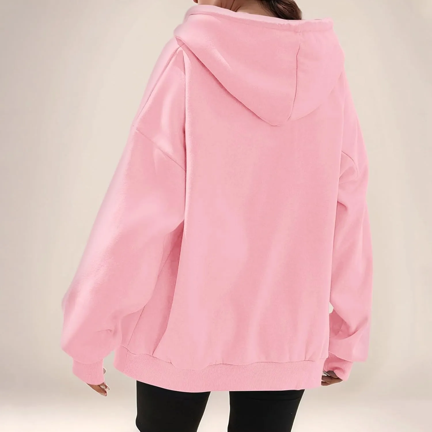 Womens Zip Up Jacket Oversized Full Zip Up Pullover with Hooded Casual Ribbed Cuffs Sweatshirts with Pockets