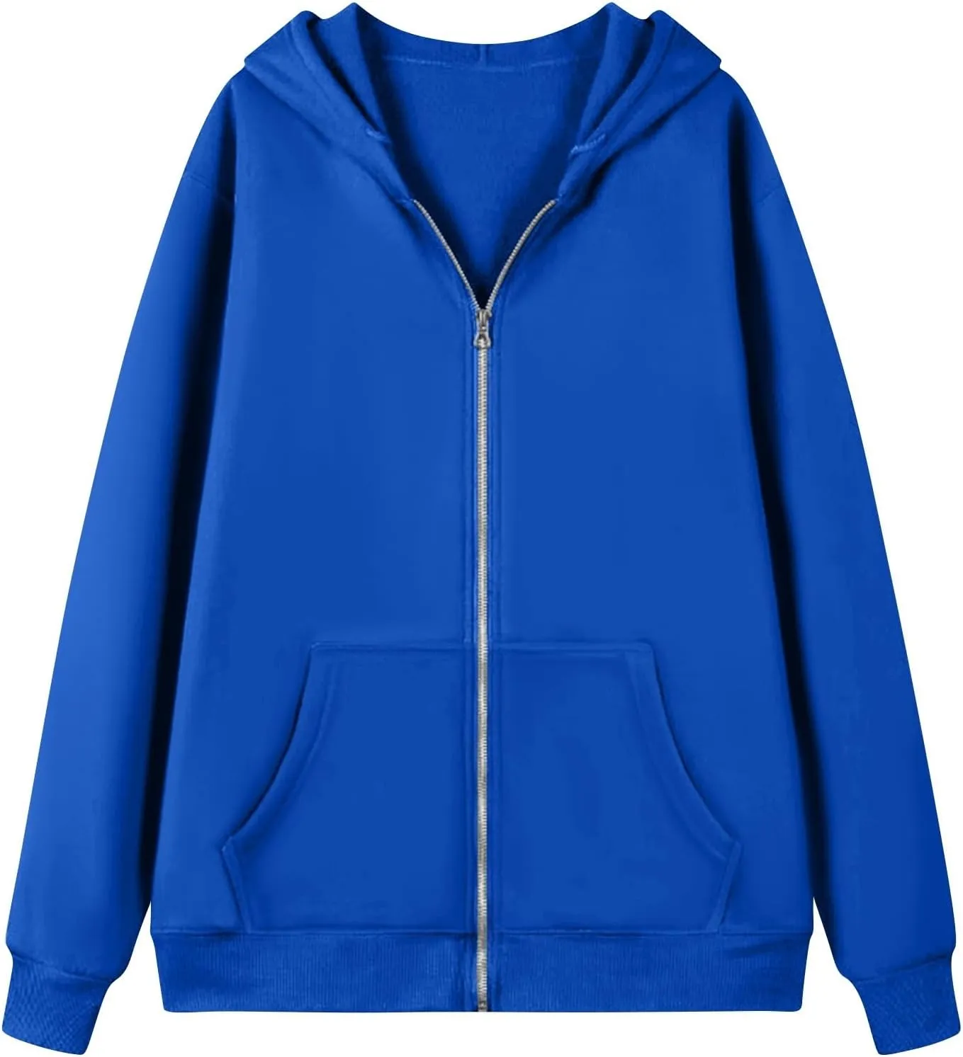 Womens Zip Up Jacket Oversized Full Zip Up Pullover with Hooded Casual Ribbed Cuffs Sweatshirts with Pockets