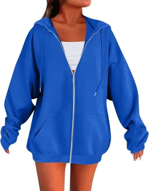 Womens Zip Up Jacket Oversized Full Zip Up Pullover with Hooded Casual Ribbed Cuffs Sweatshirts with Pockets