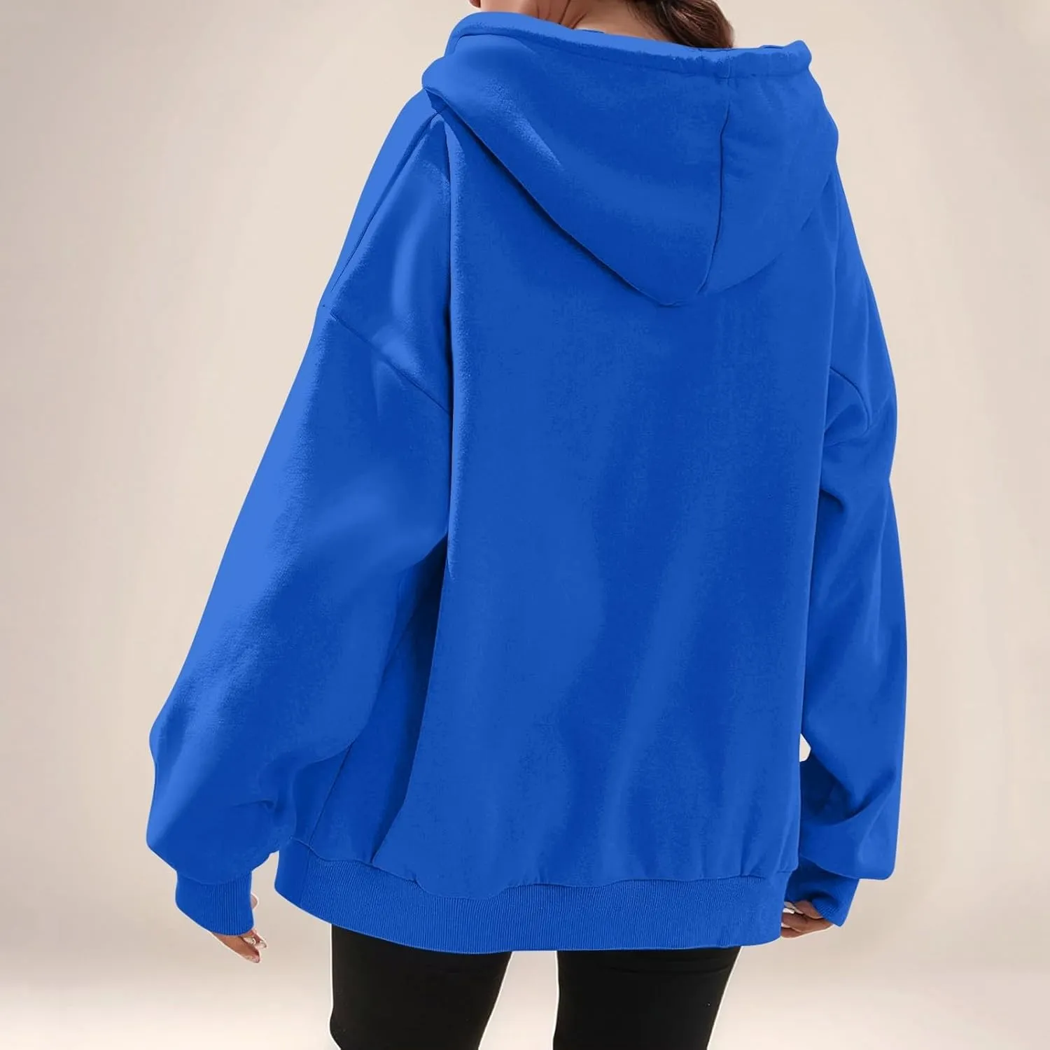 Womens Zip Up Jacket Oversized Full Zip Up Pullover with Hooded Casual Ribbed Cuffs Sweatshirts with Pockets