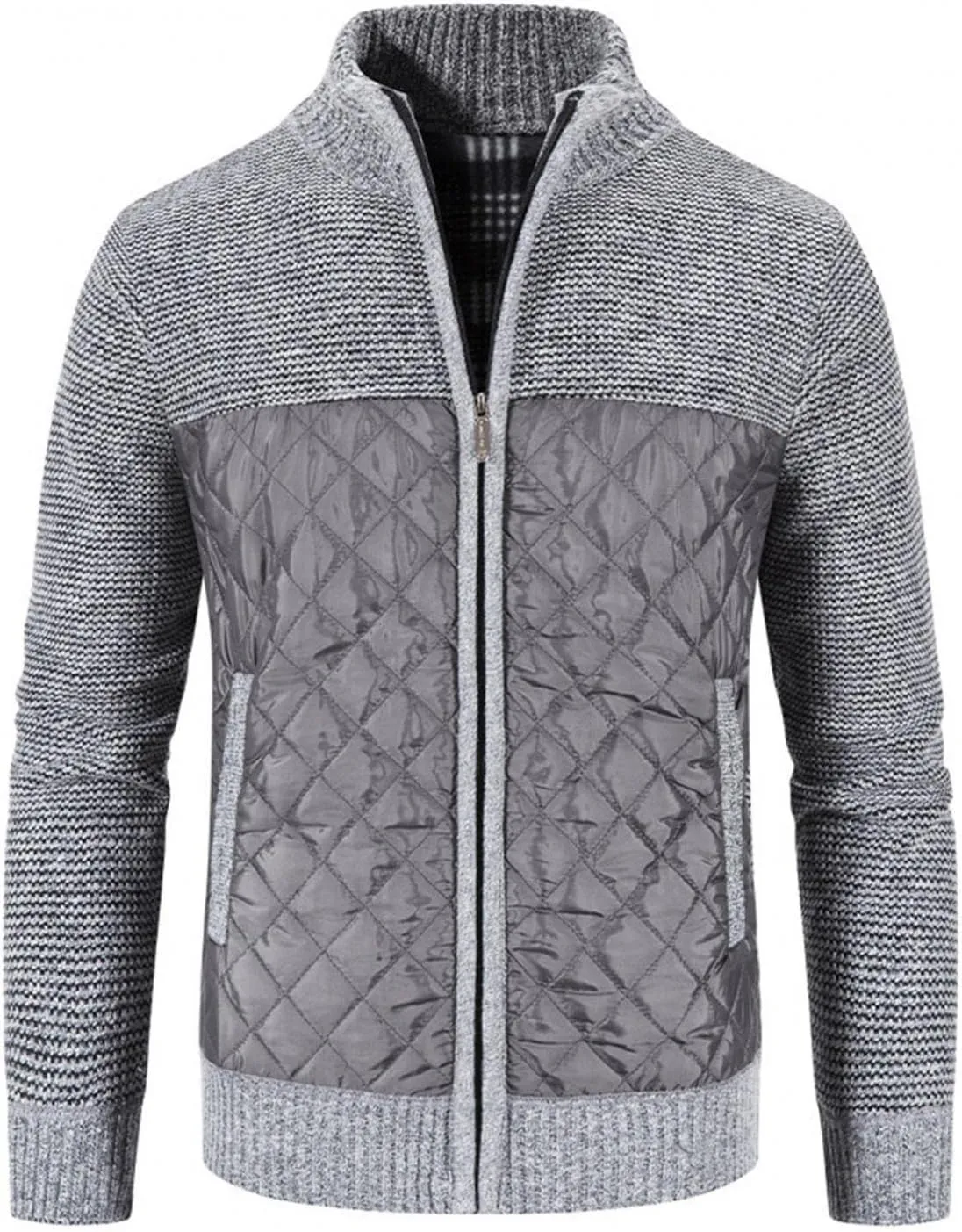 WUAI-Men Cable Knit Cardigan Sweater Casual Shawl Collar Zip Up Quilted Lightweight Varsity Sweater Jackets Knitwear