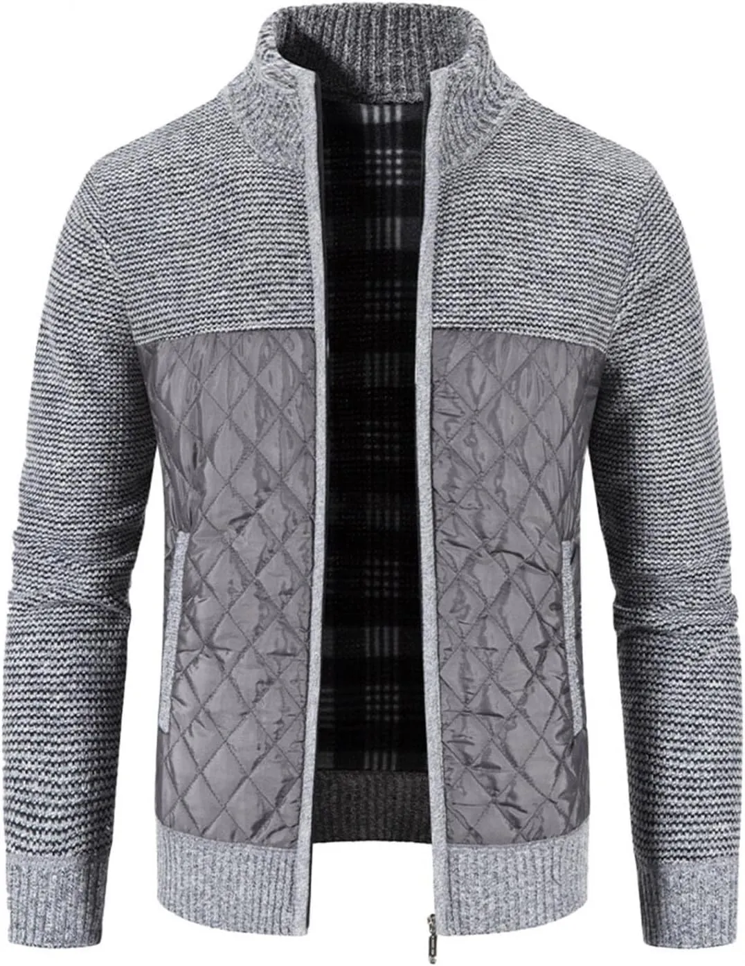 WUAI-Men Cable Knit Cardigan Sweater Casual Shawl Collar Zip Up Quilted Lightweight Varsity Sweater Jackets Knitwear