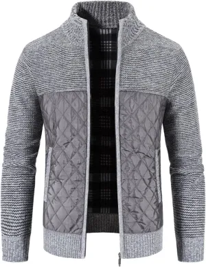 WUAI-Men Cable Knit Cardigan Sweater Casual Shawl Collar Zip Up Quilted Lightweight Varsity Sweater Jackets Knitwear