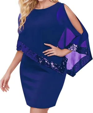XUNRYAN Women's Sequin Mesh Cape Overlay Bodycon Knee Length Pencil Mini Dress Wedding Guests Formal Evening Party Ball Gown