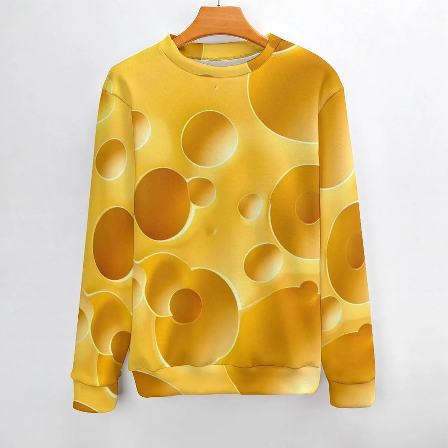 Yellow Cheese with Holes Crew Neck Sweater Oversized Long Sleeve Pure Cotton Casual Knit Pullover Sweatshirt