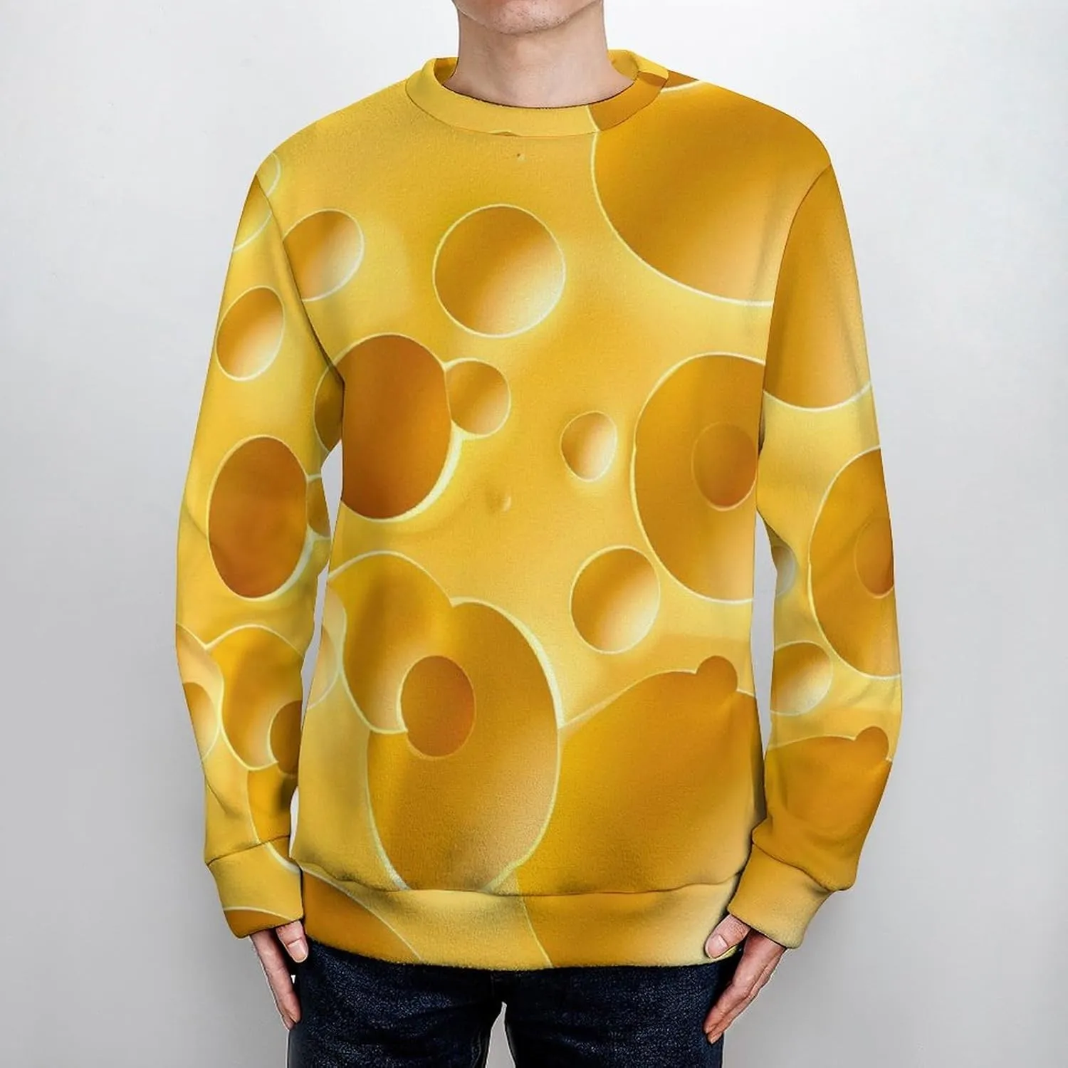 Yellow Cheese with Holes Crew Neck Sweater Oversized Long Sleeve Pure Cotton Casual Knit Pullover Sweatshirt