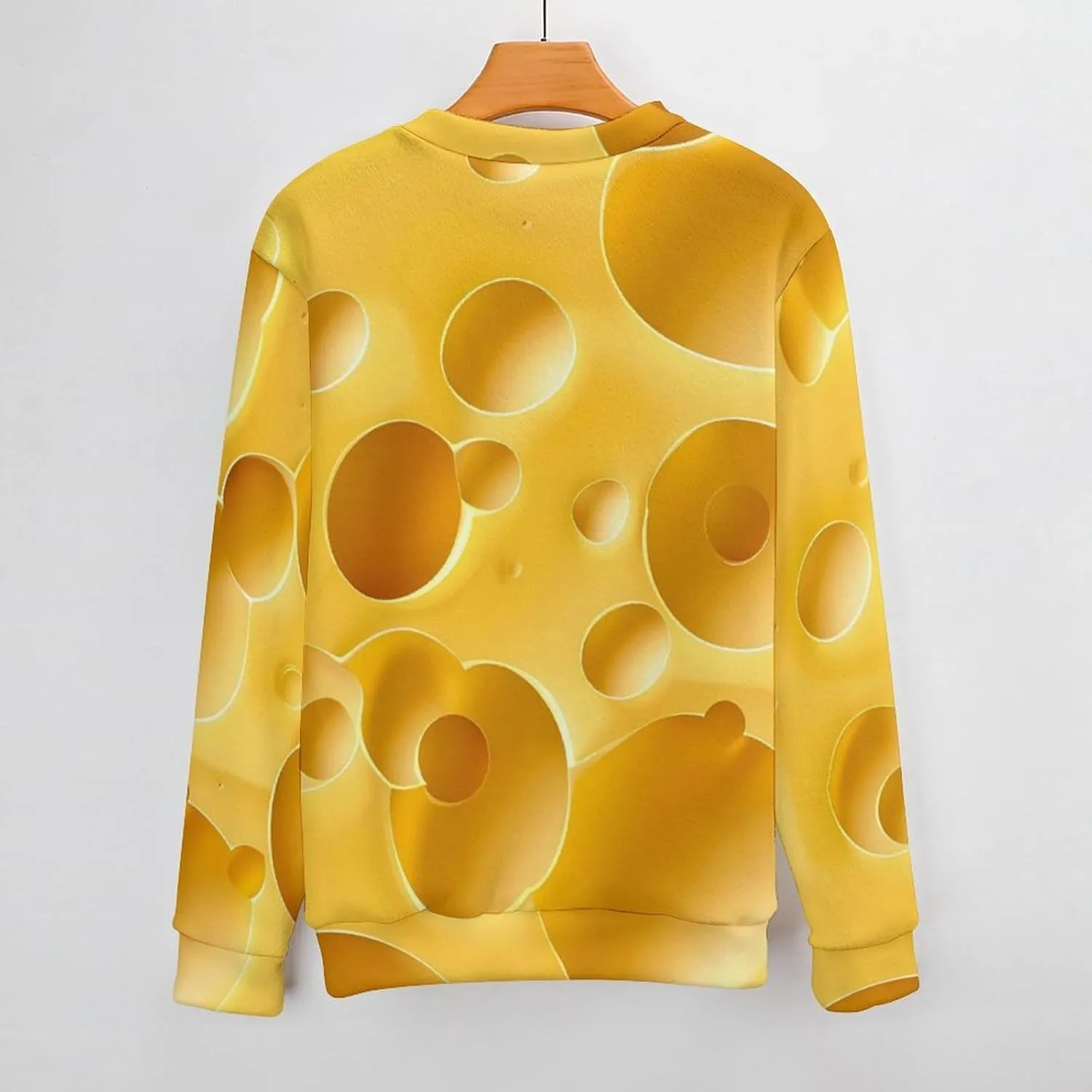 Yellow Cheese with Holes Crew Neck Sweater Oversized Long Sleeve Pure Cotton Casual Knit Pullover Sweatshirt