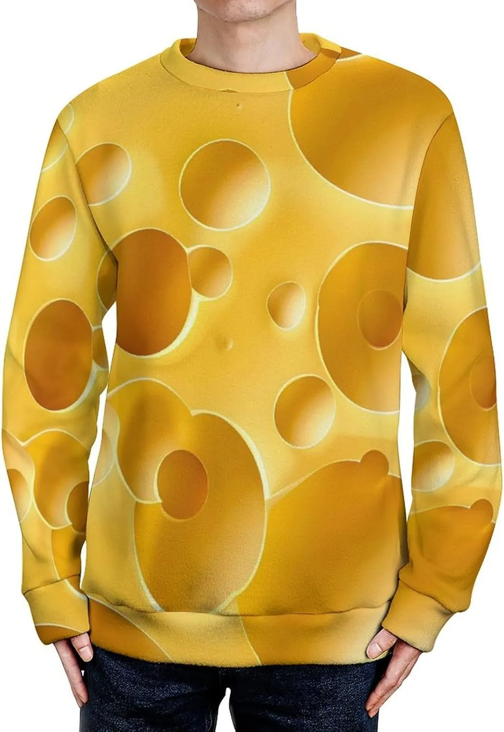 Yellow Cheese with Holes Crew Neck Sweater Oversized Long Sleeve Pure Cotton Casual Knit Pullover Sweatshirt