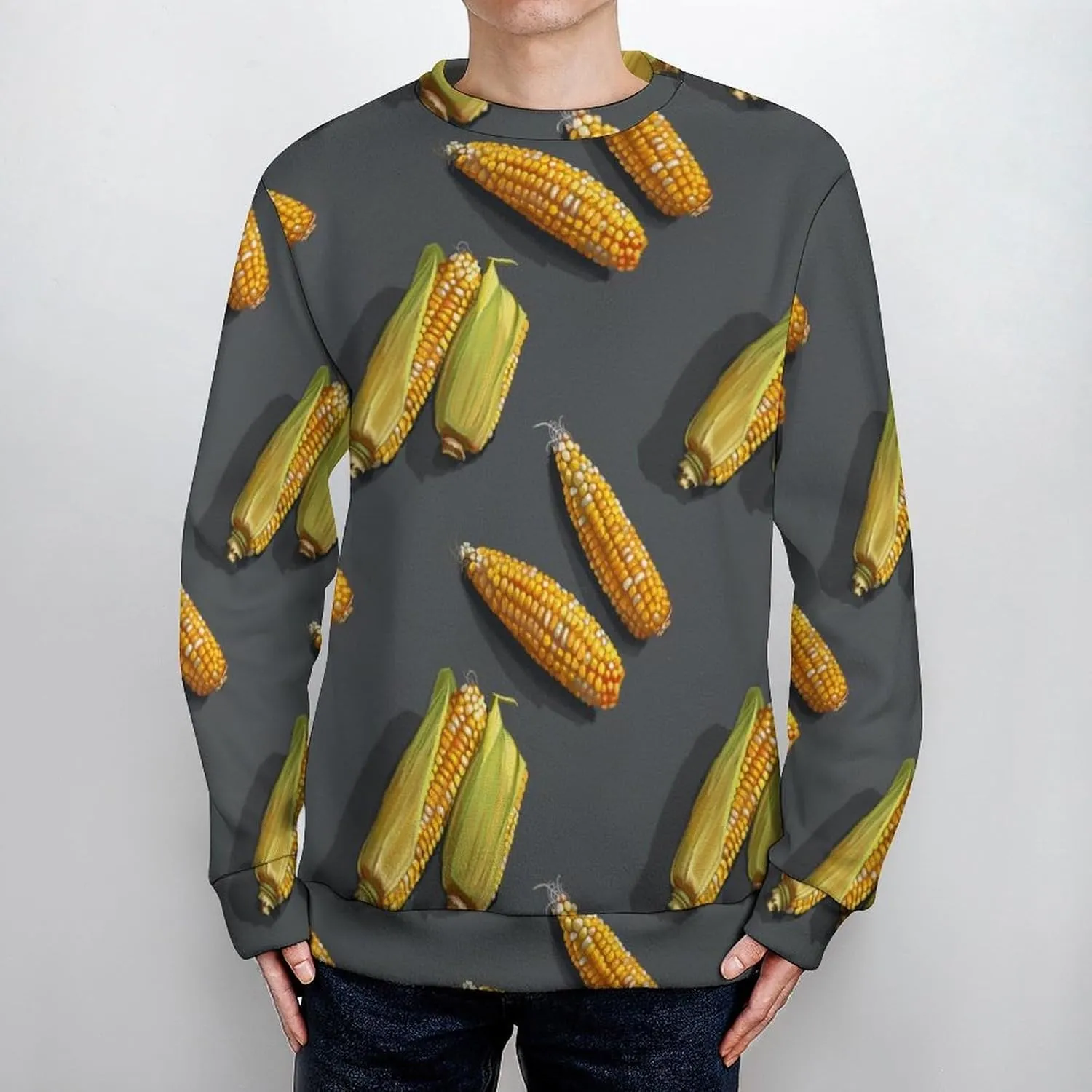 Yellow Corn On The Cob Crew Neck Sweater Oversized Long Sleeve Pure Cotton Casual Knit Pullover Sweatshirt
