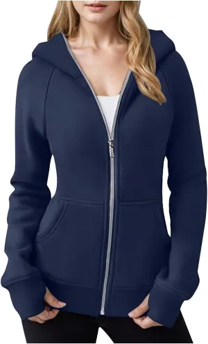 Zip Up Hoodie for Women Long Sleeve Zip Up Lightweight Sweatshirts Casual Loose Fit Plain Hoodie with Thumb Hole
