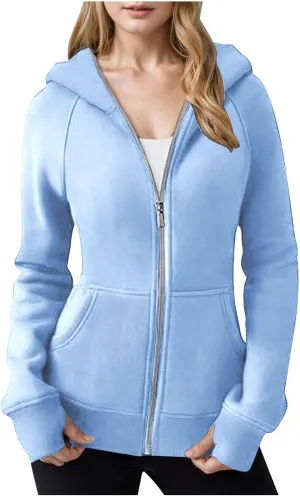 Zip Up Hoodie for Women Long Sleeve Zip Up Lightweight Sweatshirts Casual Loose Fit Plain Hoodie with Thumb Hole