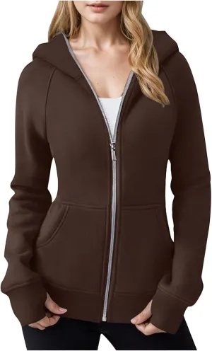 Zip Up Hoodie for Women Long Sleeve Zip Up Lightweight Sweatshirts Casual Loose Fit Plain Hoodie with Thumb Hole