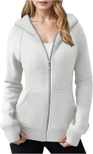 Zip Up Hoodie for Women Long Sleeve Zip Up Lightweight Sweatshirts Casual Loose Fit Plain Hoodie with Thumb Hole