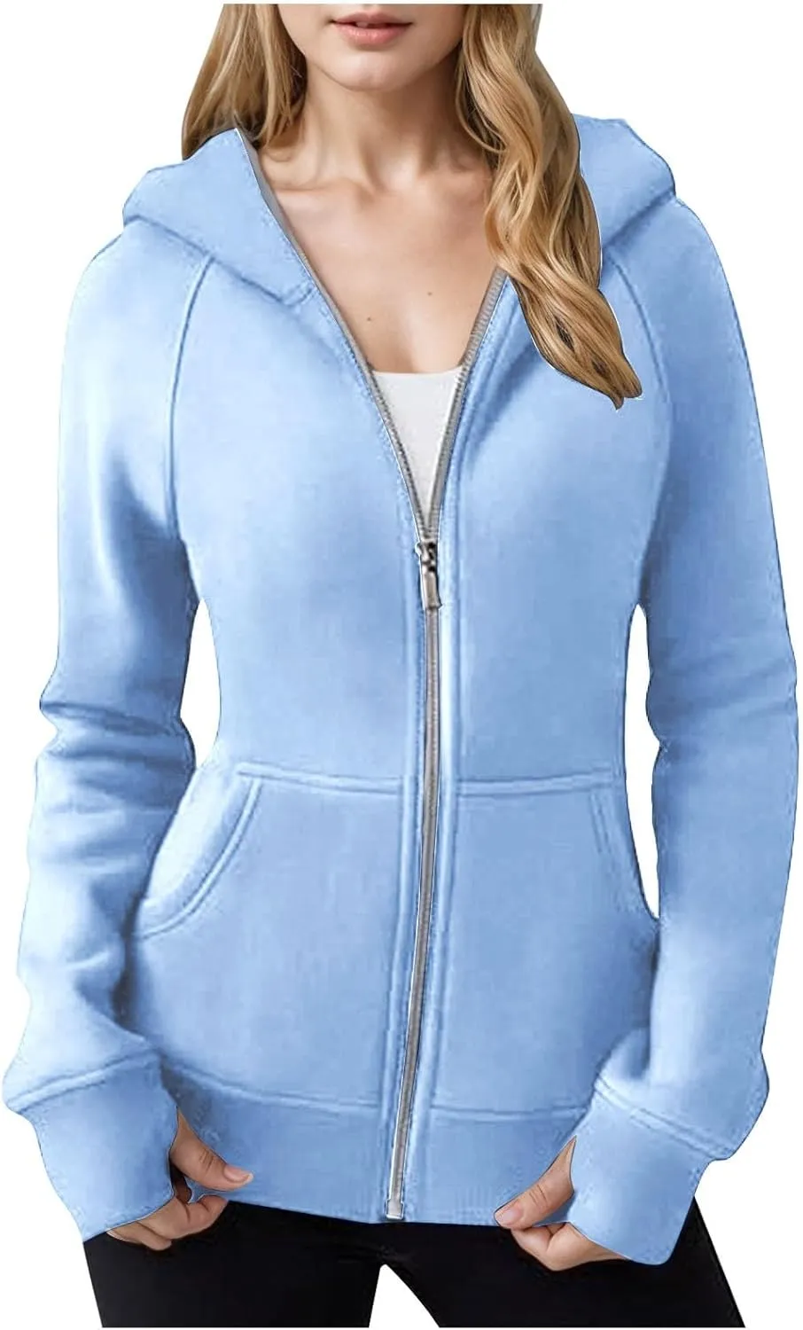 Zip Up Hoodie for Women Long Sleeve Zip Up Lightweight Sweatshirts Casual Loose Fit Plain Hoodie with Thumb Hole