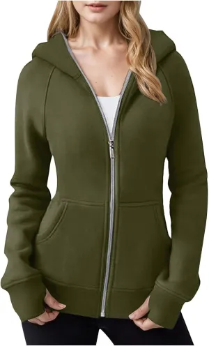 Zip Up Hoodie for Women Long Sleeve Zip Up Lightweight Sweatshirts Casual Loose Fit Plain Hoodie with Thumb Hole